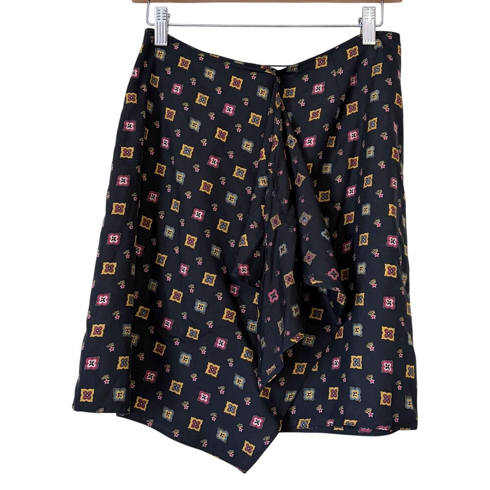 Vintage Evan Picone NWOT 100% Silk Geometric Print Wrap Skirt Black Size 8
